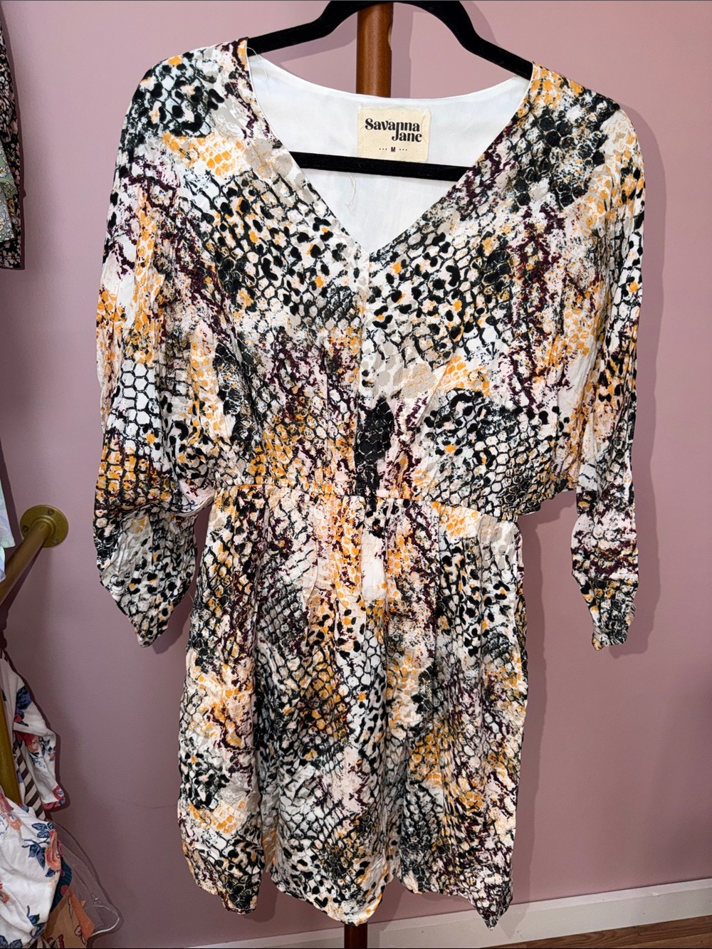 Savanna Jane White, Black & Mustard Printed V-Neck Mini Dress
